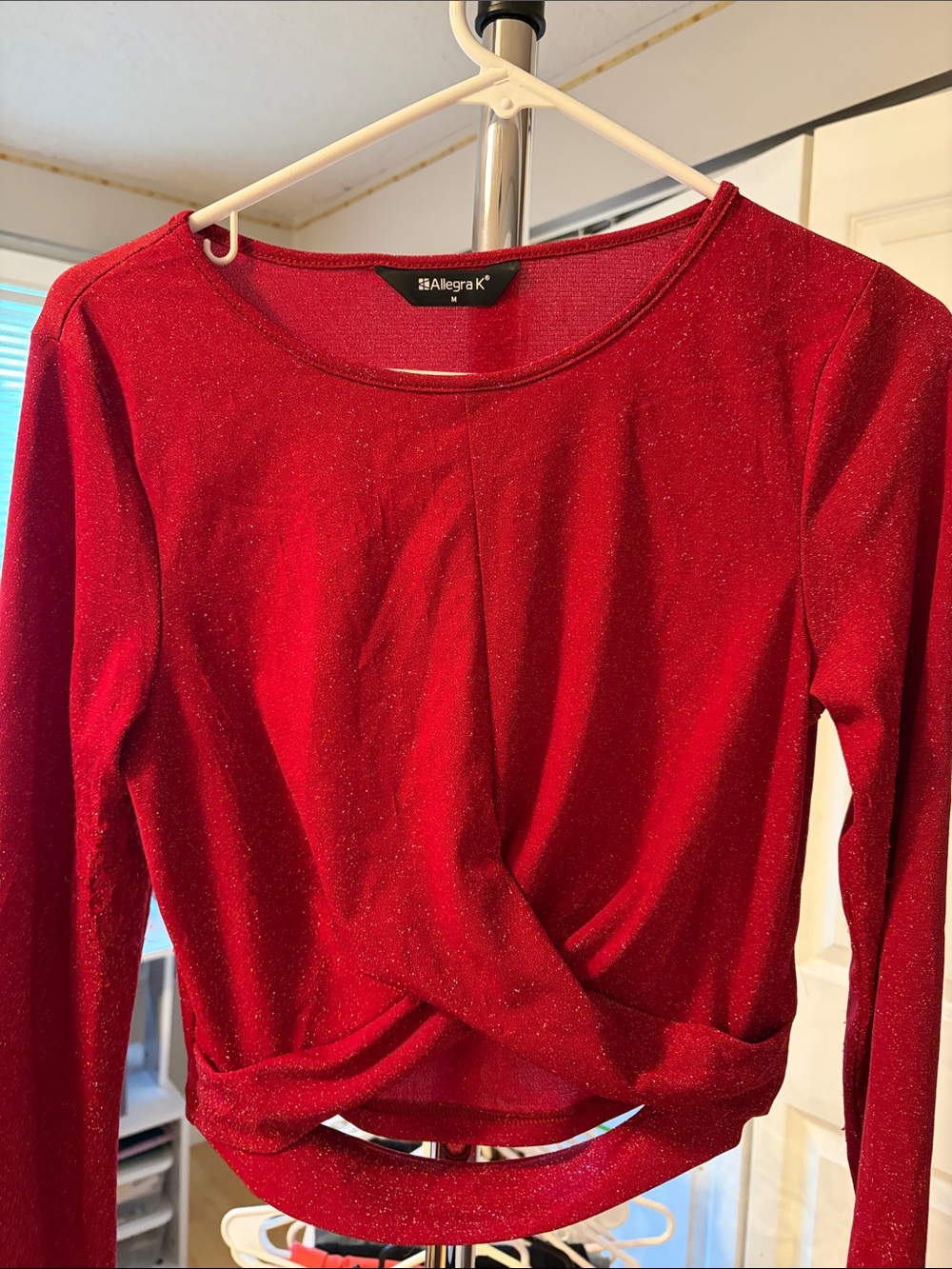 Allegra K Sparkling Red Long-Sleeve Twist Hem Top